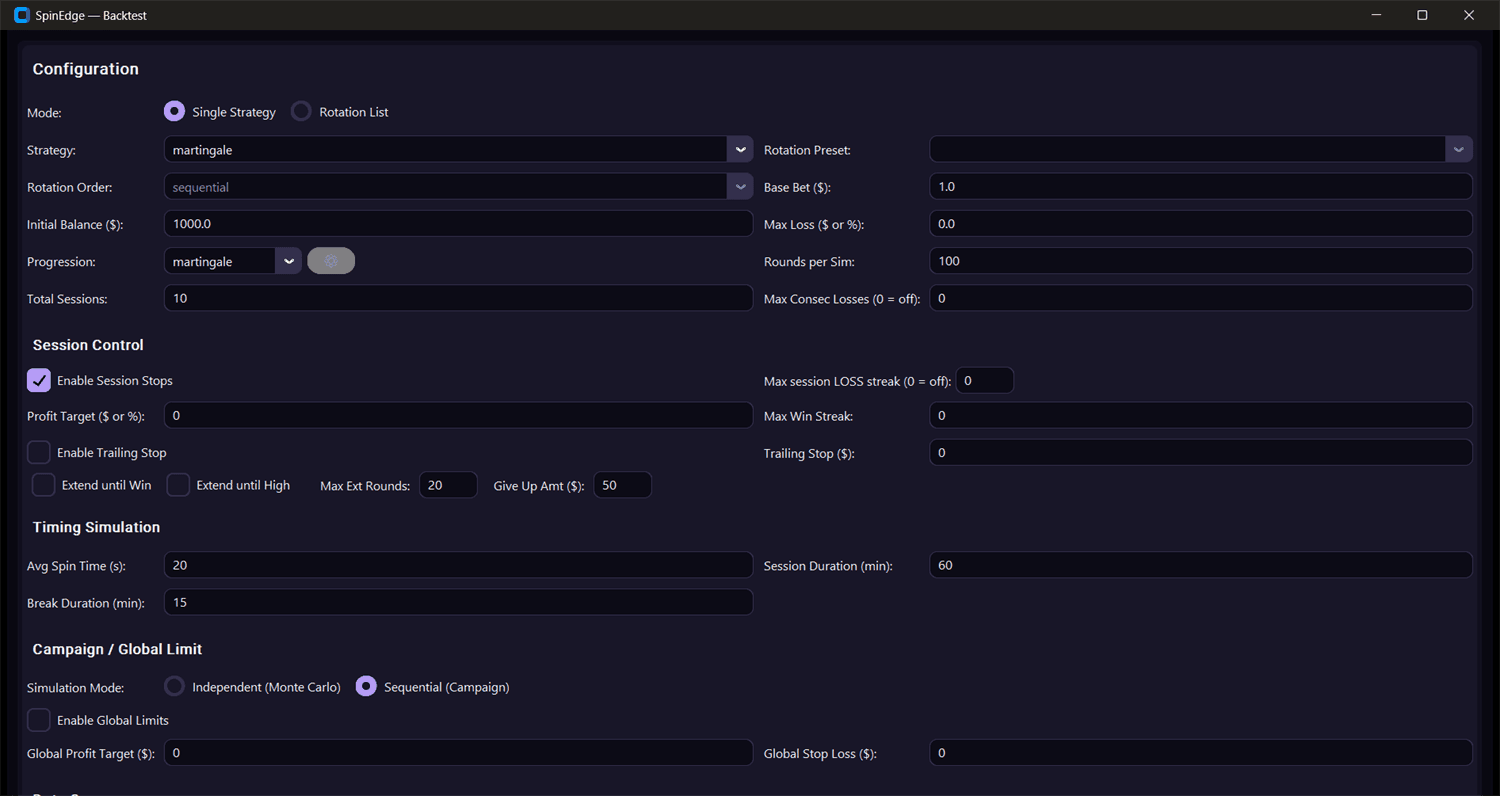 The SpinEdge backtest configuration screen, showing strategy and progression selection, session stop controls, timing simulation and campaign-level global limits.
